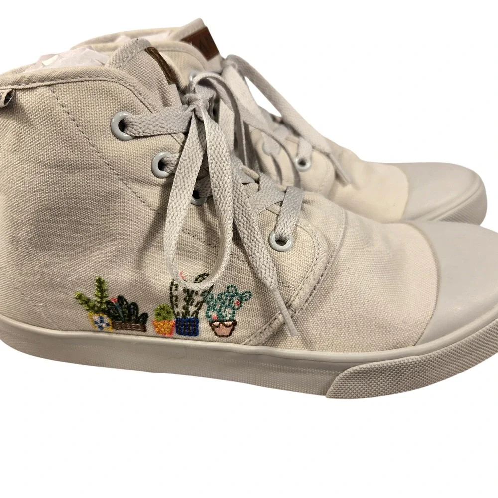 BANGS Shoes High Top Canvas Sneakers Grey Cactus Succulent Embroidery Womens 7‎